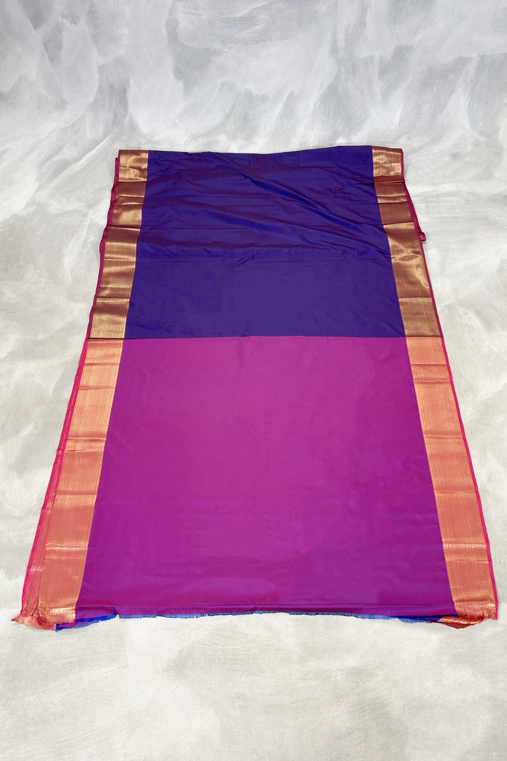Navy Blue Korvai Soft Silk Saree with Delicate Gold Zari Buttas and Floral Border, Traditional Temple Look