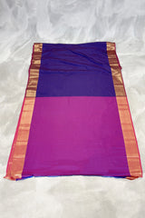 Navy Blue Korvai Soft Silk Saree with Delicate Gold Zari Buttas and Floral Border, Traditional Temple Look