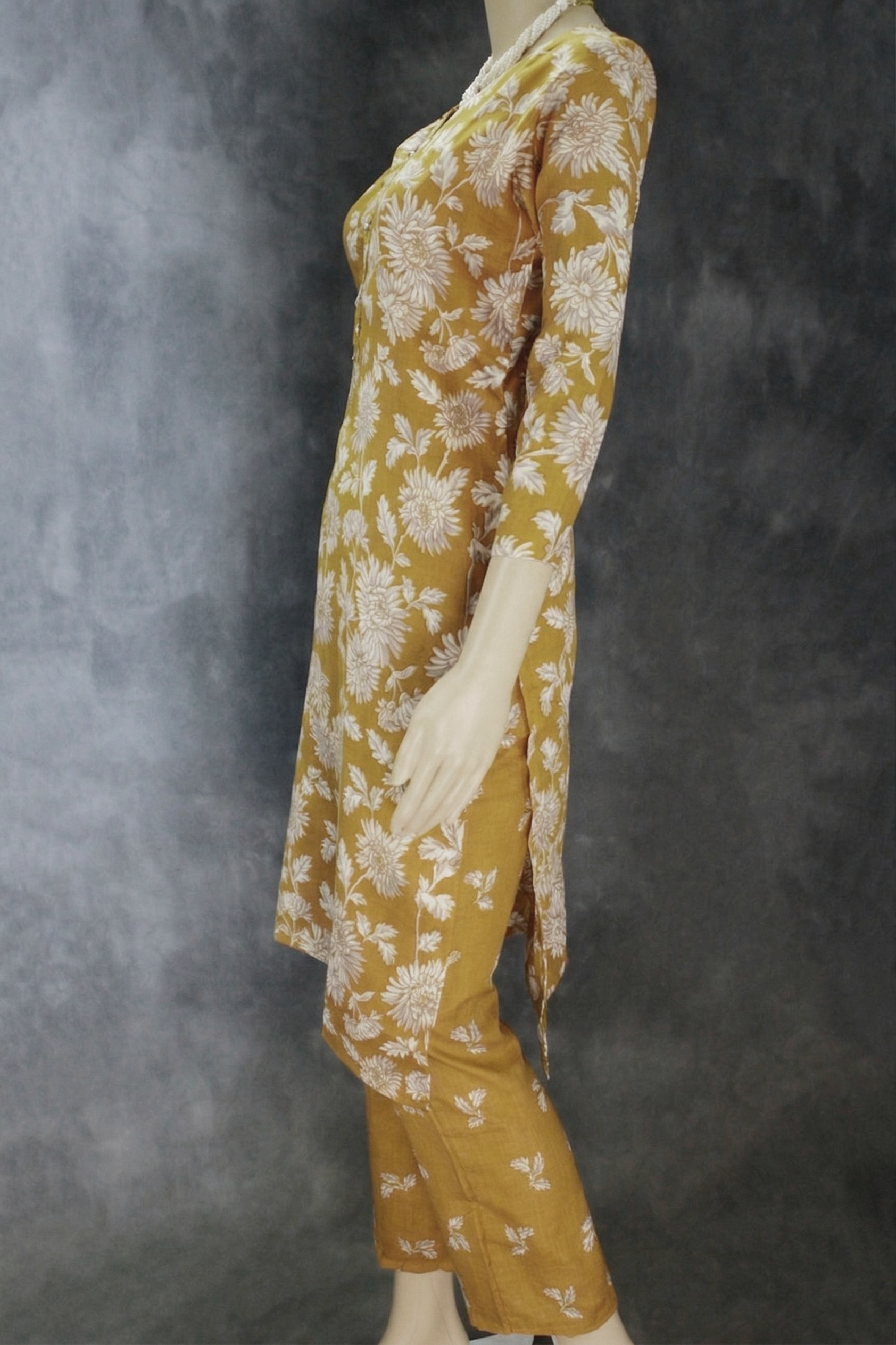 Mustard Yellow Cotton Kurti Pant Set with Printed Design, Elastic Waist & 2-Piece Kurta Pajama Style