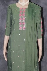 Olive Green Cotton 3 Piece Kurti Set with Embroidery