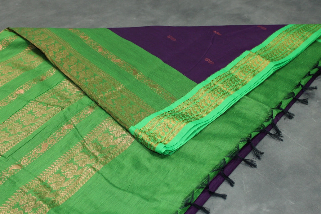 Kalyani Cotton Saree - Deep Violet with Green Zari Border and Butta Design Saree JCS Fashions