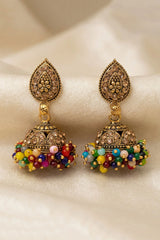 Traditional Multi-Color Jhumka Earrings with Dome Design, Gold-Tone Detailing & Bead Danglers