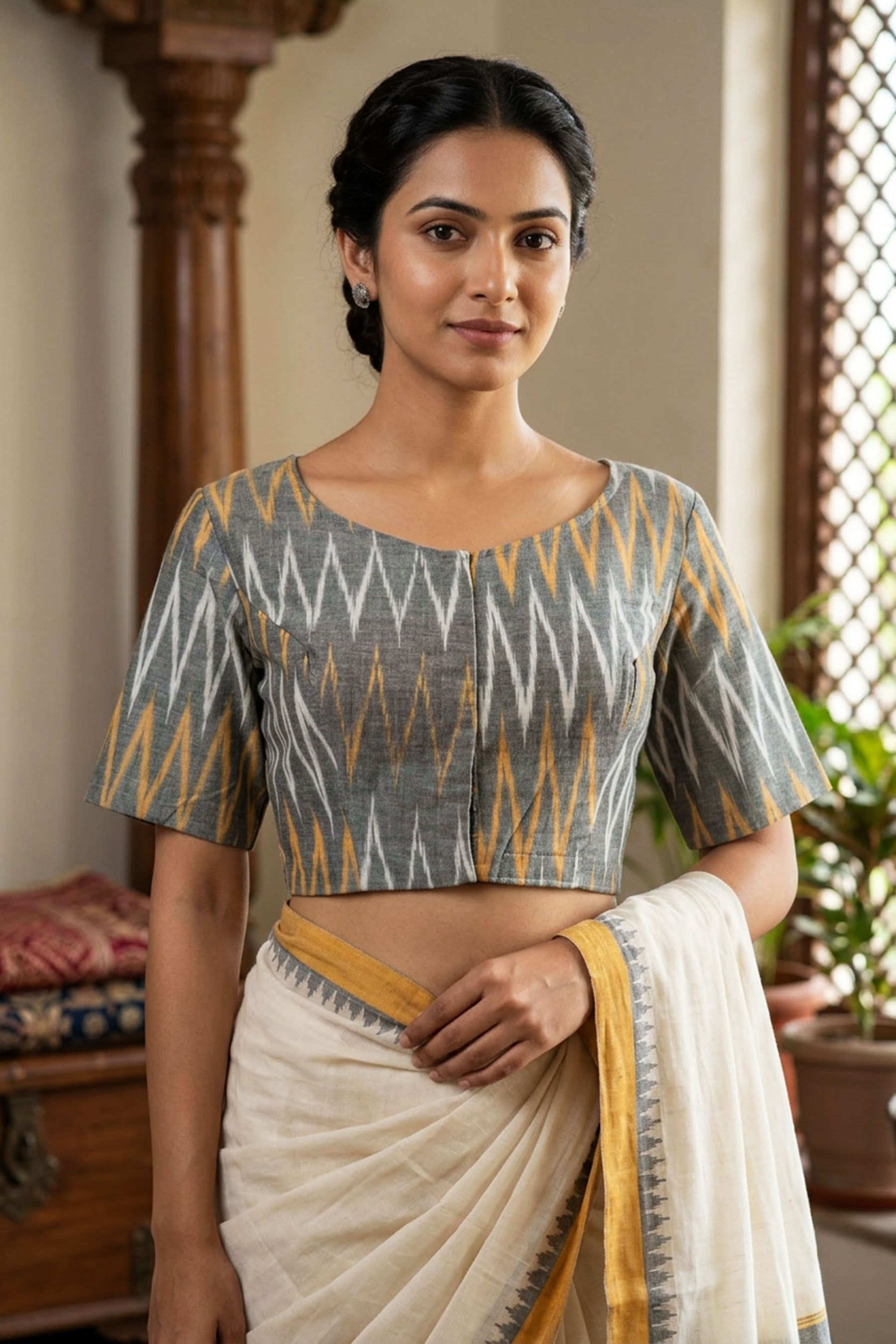 Gray Cotton Ikkat Blouse - Boat Neck, Stitched - AI Model Photo 2