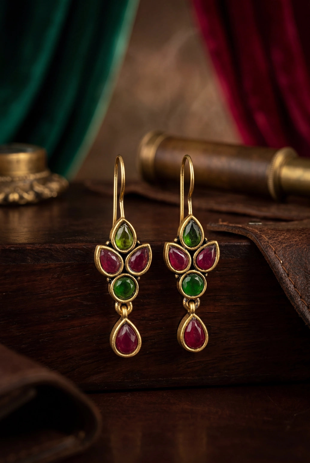 Maroon & Green Stone Drop Hook Earrings, Gold-Tone Teardrop Chandbali Style for Women