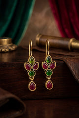 Maroon & Green Stone Drop Hook Earrings, Gold-Tone Teardrop Chandbali Style for Women