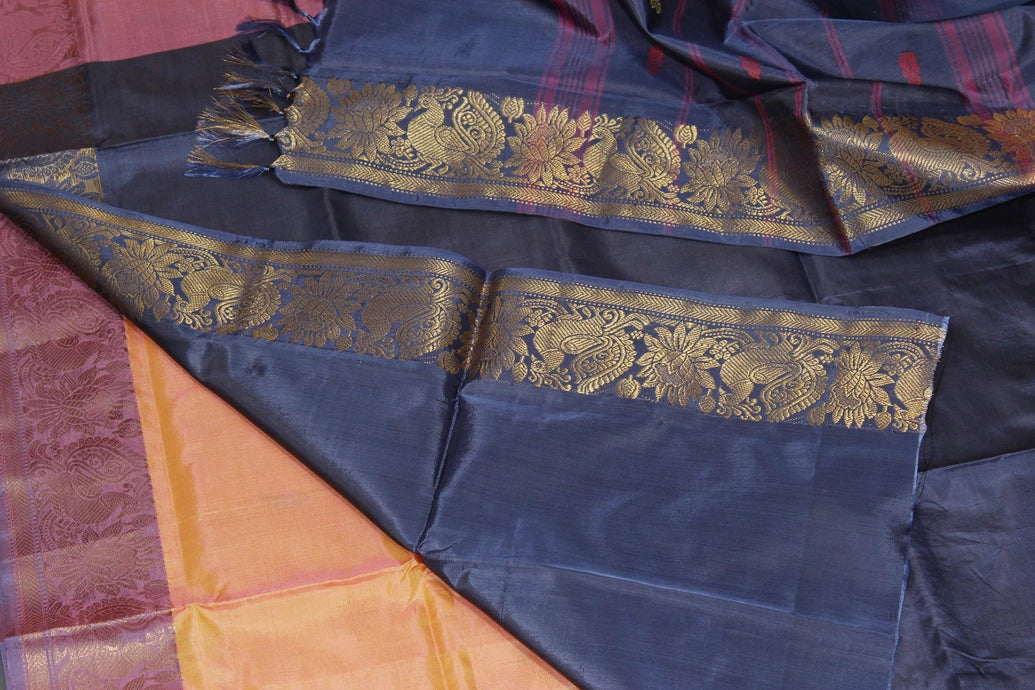 Vaazhai Naar (Banana Pith) Saree in Navy Blue and Orange with Zari Design Border, Full-Body Buttas and Blouse Piece