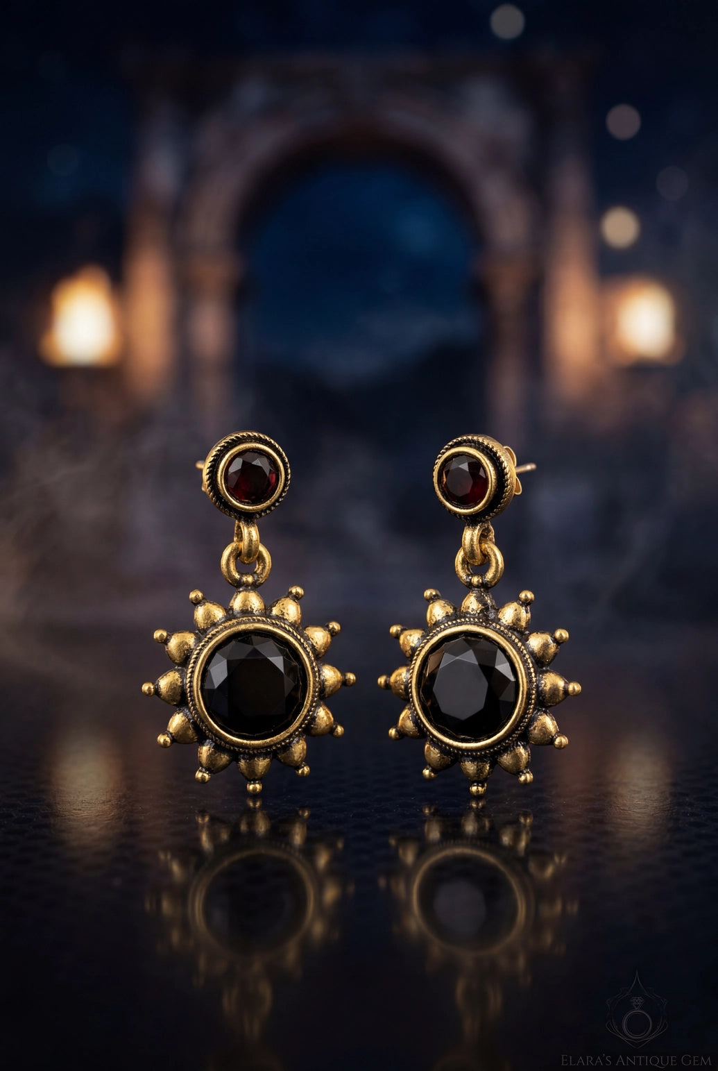 Black Gold-Tone Antique Style Drop Earrings with Sunflower Detail & Bead Accents for Traditional Festive Wear