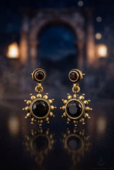 Black Gold-Tone Antique Style Drop Earrings with Sunflower Detail & Bead Accents for Traditional Festive Wear