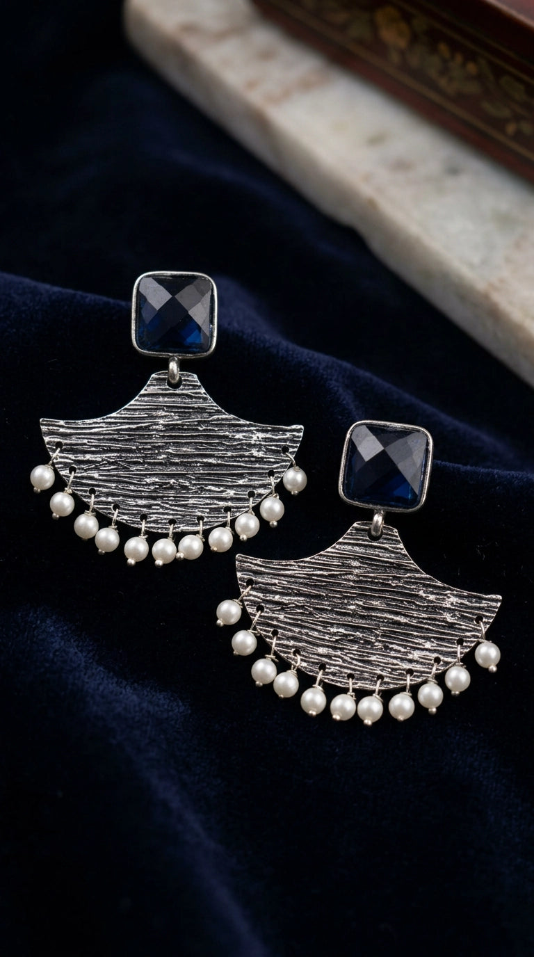 Blue Stone Textured Dangle Earrings with Pearl Drops for Festive Party Wear