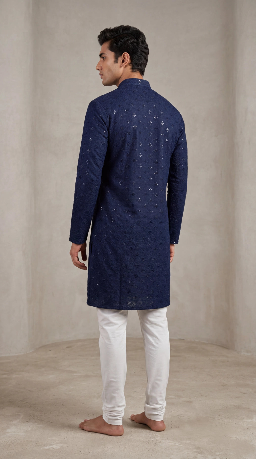 Men’s Navy Lakhnavi Kurta with Sequins Work, Long Kurta for Festive Wear