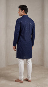 Men’s Navy Lakhnavi Kurta with Sequins Work, Long Kurta for Festive Wear