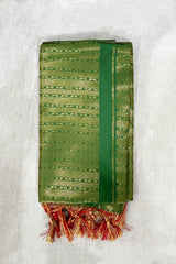 Green Ponnadai Poly Silk Jacquard Shawl with Zari Pattern and Tassels for Temple, Pooja, Weddings & Functions