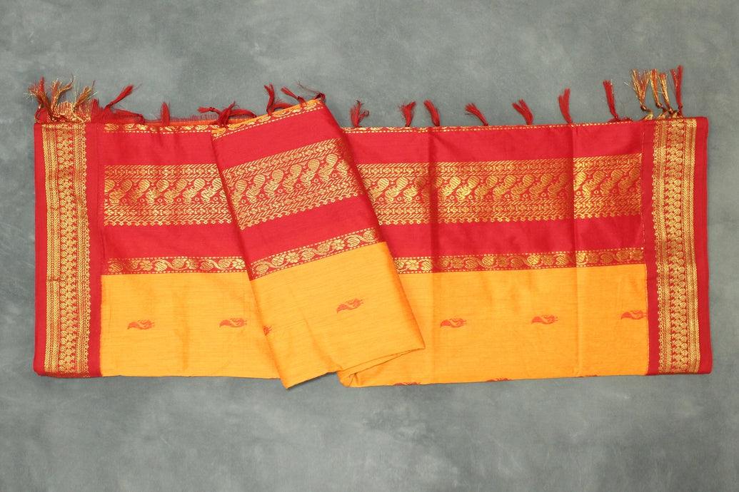 Kalyani Cotton Saree with Zari Border and Putta Designs, Traditional Orange Body with Red Pallu, Blouse Included Saree JCS Fashions