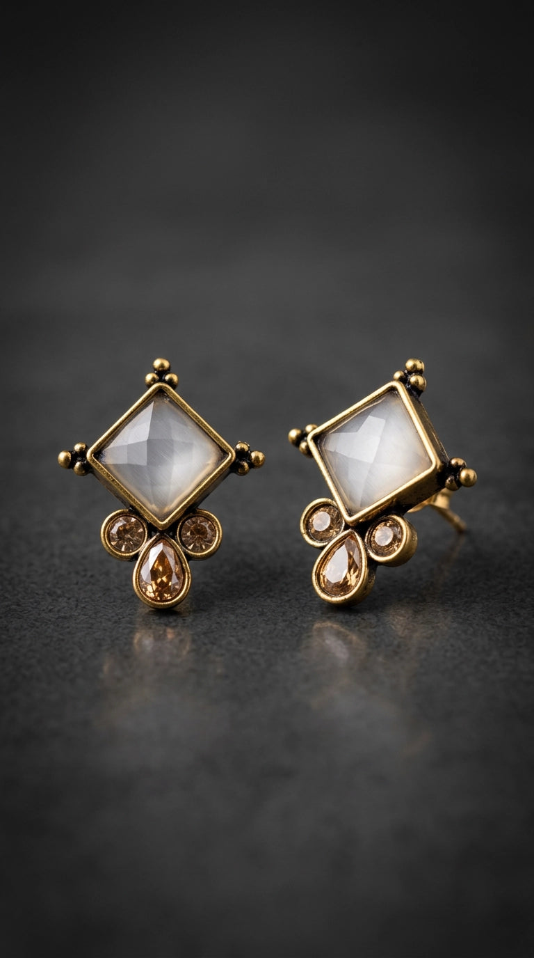 Grey Square Stone Teardrop Crystal Stud Earrings in Gold-Tone Frame for Women