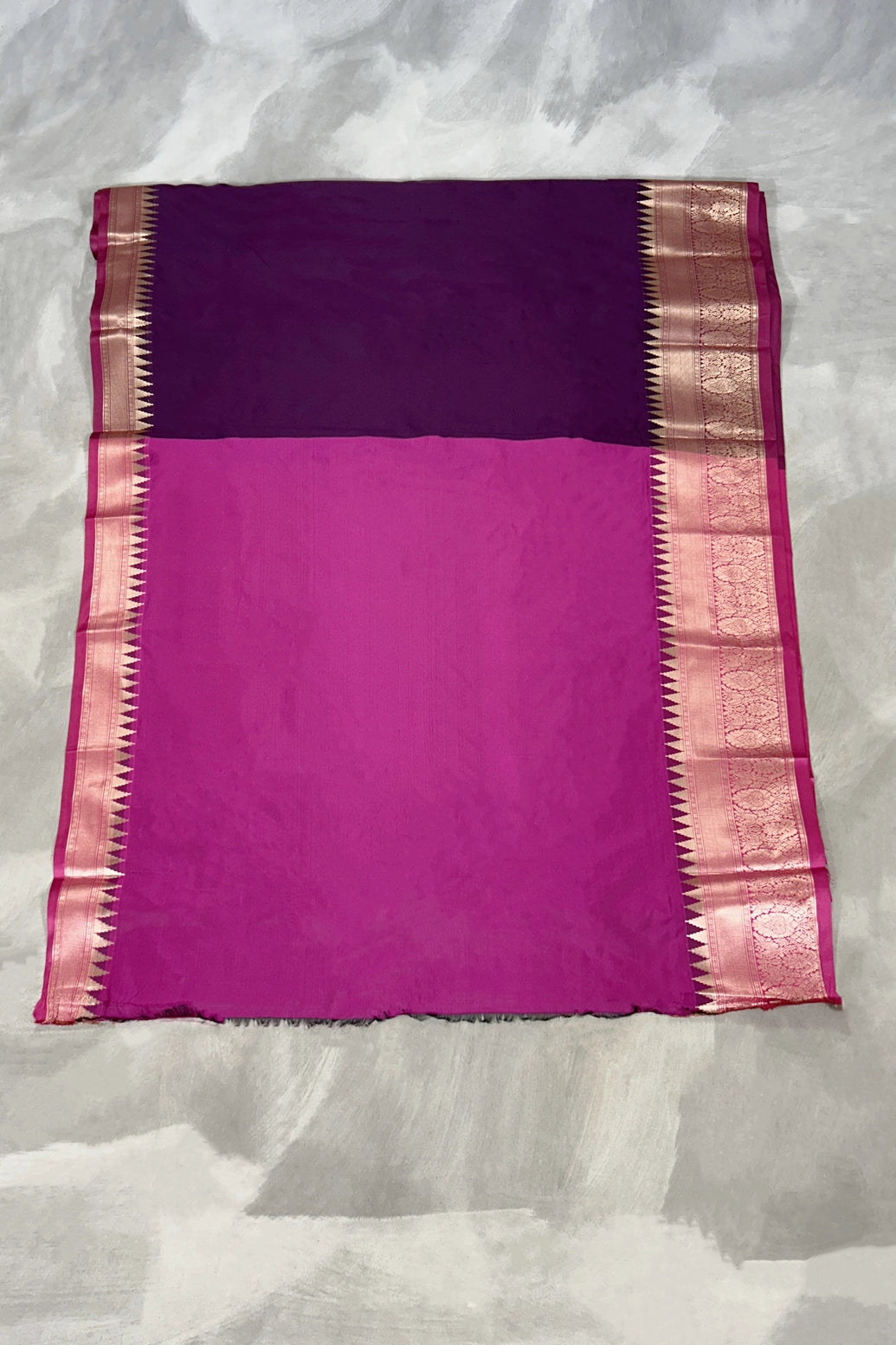 Pure Silk Saree with Heavy Pallu Border, Wine Purple and Rose Gold Contrast, Saree with Blouse Piece