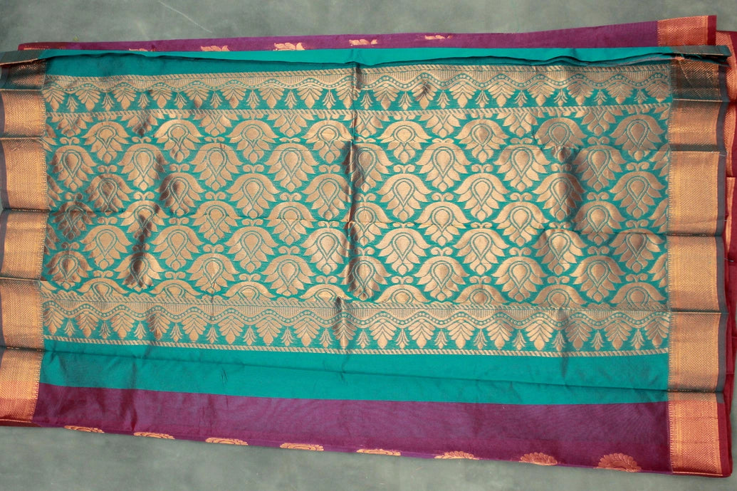 Purple Silk Cotton Zari Border Saree with Floral Motifs and Matching Blouse