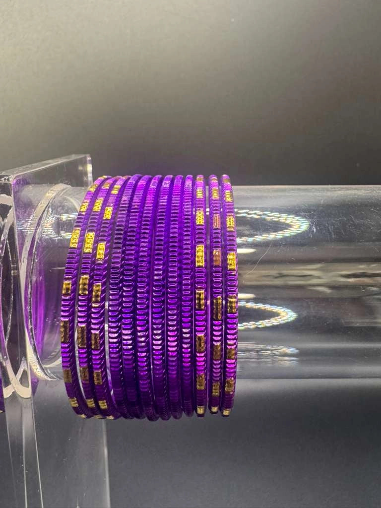 Kids Purple Metal Bangles Set (24 Pcs) with Gold Tone Stripes for Daily Wear and Festive Outfits