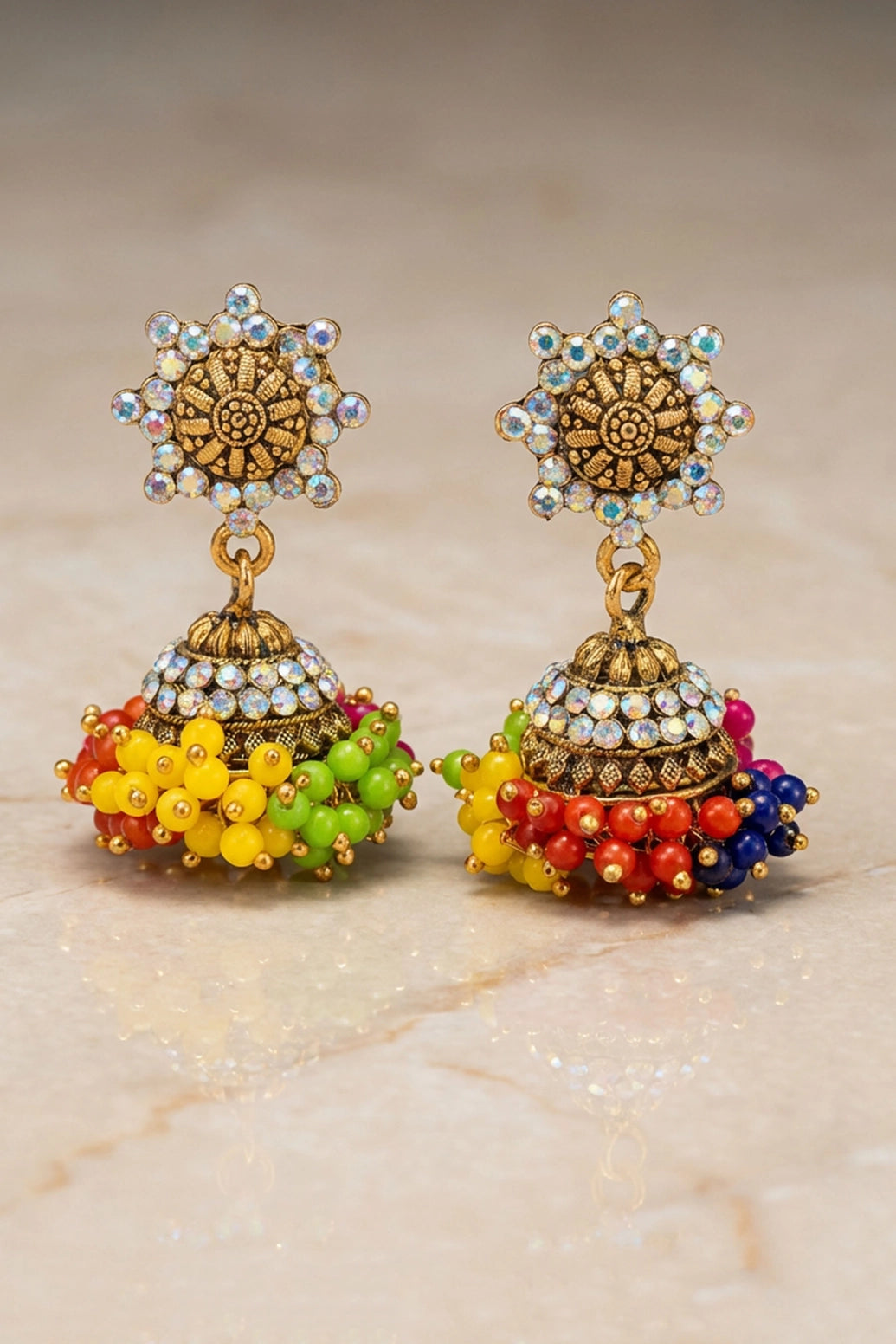 Traditional Jhumka Earrings with Dome Design, Multi-Color Beads and Stone Work, Gold-Tone Fashion Jewellery for Women