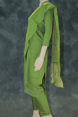 Mehendi Green Rayon Silk 3-Piece Kurti Set with Lined Elastic Pant & Zari Cotton Dupatta