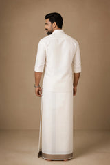 Men Off-White Cotton Dhoti with Woven Check Border and Gold-Tone Zari Lines (2m Single Veshti)