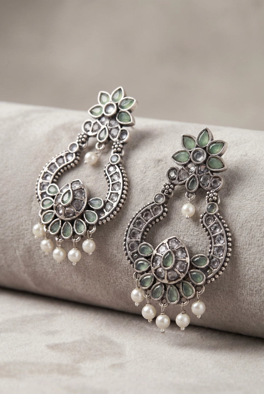 Mint Green Oxidized Silver Floral Drop Pearl Fashion Earrings for Women, Teardrop Stones, Jhumka Style