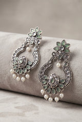 Mint Green Oxidized Silver Floral Drop Pearl Fashion Earrings for Women, Teardrop Stones, Jhumka Style
