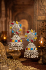 Silver Oxidized Multicolor Jhumka Earrings with Stud Top and Dangler Beads for Festive Traditional Wear