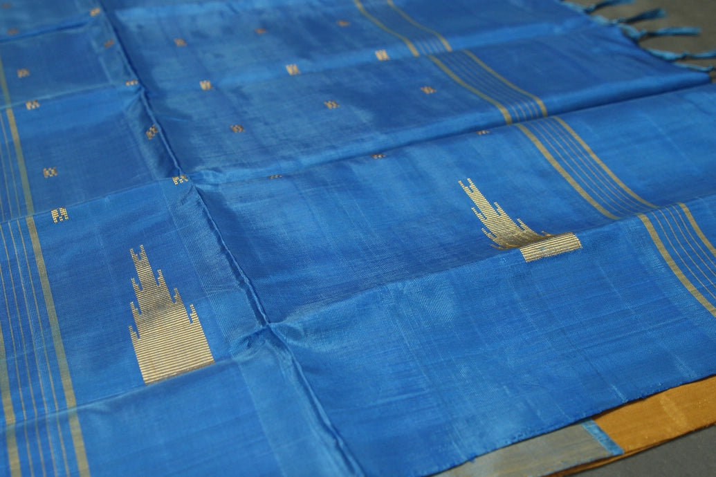 Blue & Mustard Vaazhai Naar (Banana Pith) Saree with Small Butta Allover, Borderless Design, Striped Pallu