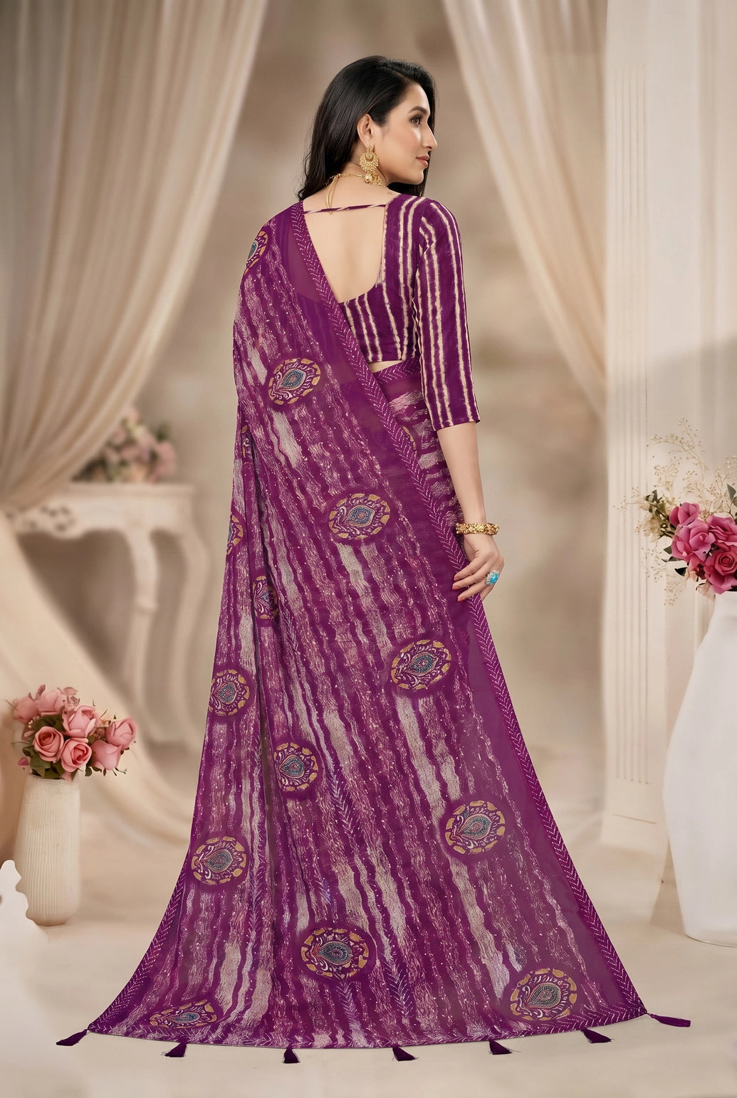 Purple Georgette Saree with Zari-Style Full Sequin/SiroSki Work, Printed Stripes & Floral Motifs Border
