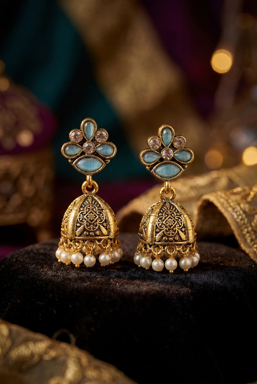 Sea Blue Floral Jhumka Earrings with Pearl Drops, Antique Gold-Tone Traditional Ethnic Fashion Jewellery