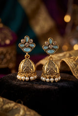 Sea Blue Floral Jhumka Earrings with Pearl Drops, Antique Gold-Tone Traditional Ethnic Fashion Jewellery