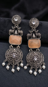 Cream Stone & Silver-Tone Textured Triangular Drop Earrings with Pearl Beads for Festive Party Wear