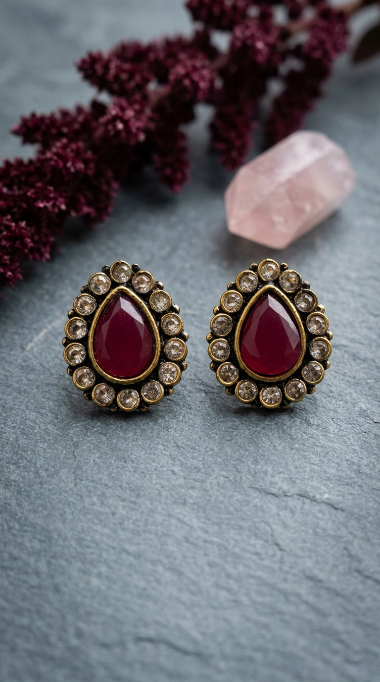 Red Teardrop Stud Earrings With Gold-Tone Halo And Clear Crystal Accents For Festive Wear