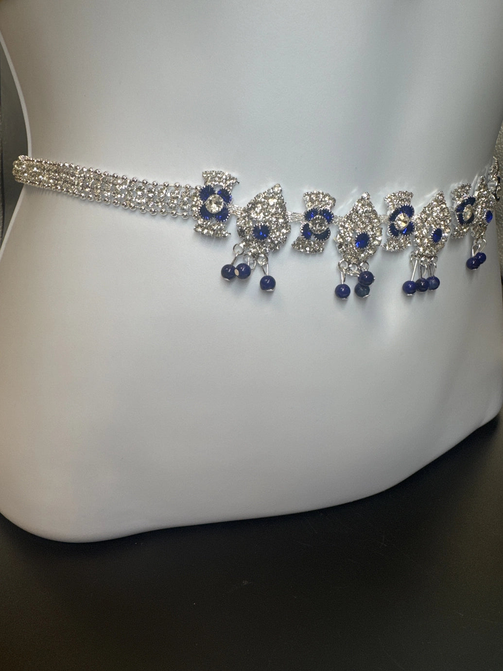 Silver-Tone Blue Crystal Hip Chain with Floral Motifs and Bead Danglers - Adjustable Jewelry JCS Fashions