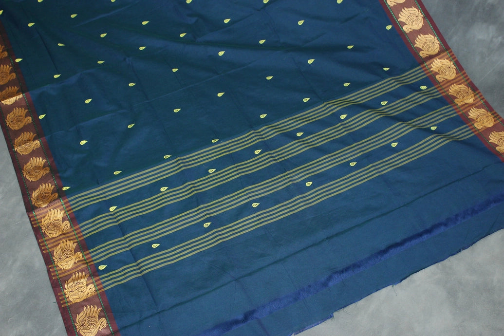 Navy Blue Poly Cotton Butta Saree with Gold-Coloured Thread Temple Border Saree JCS Fashions
