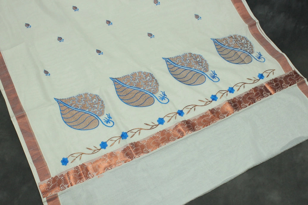 Pure Kerala Cotton White Saree with Copper Zari Border, Peacock Floral Embroidery and Blouse Piece
