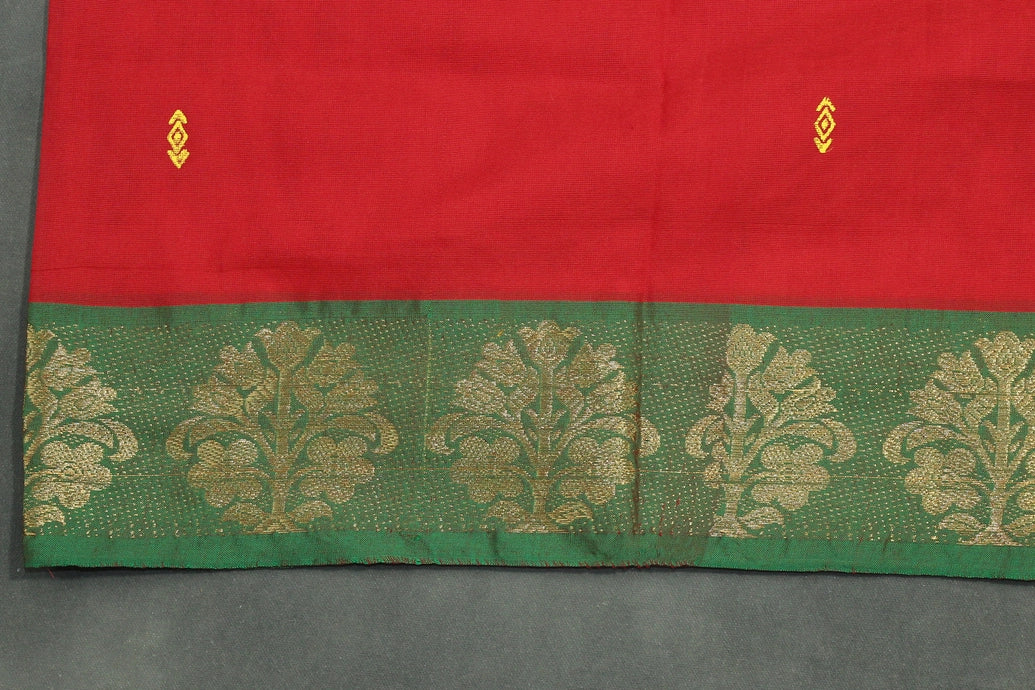 Red Poly Cotton Saree with Green Zari Floral Border and Gold Butta Motifs Saree JCS Fashions