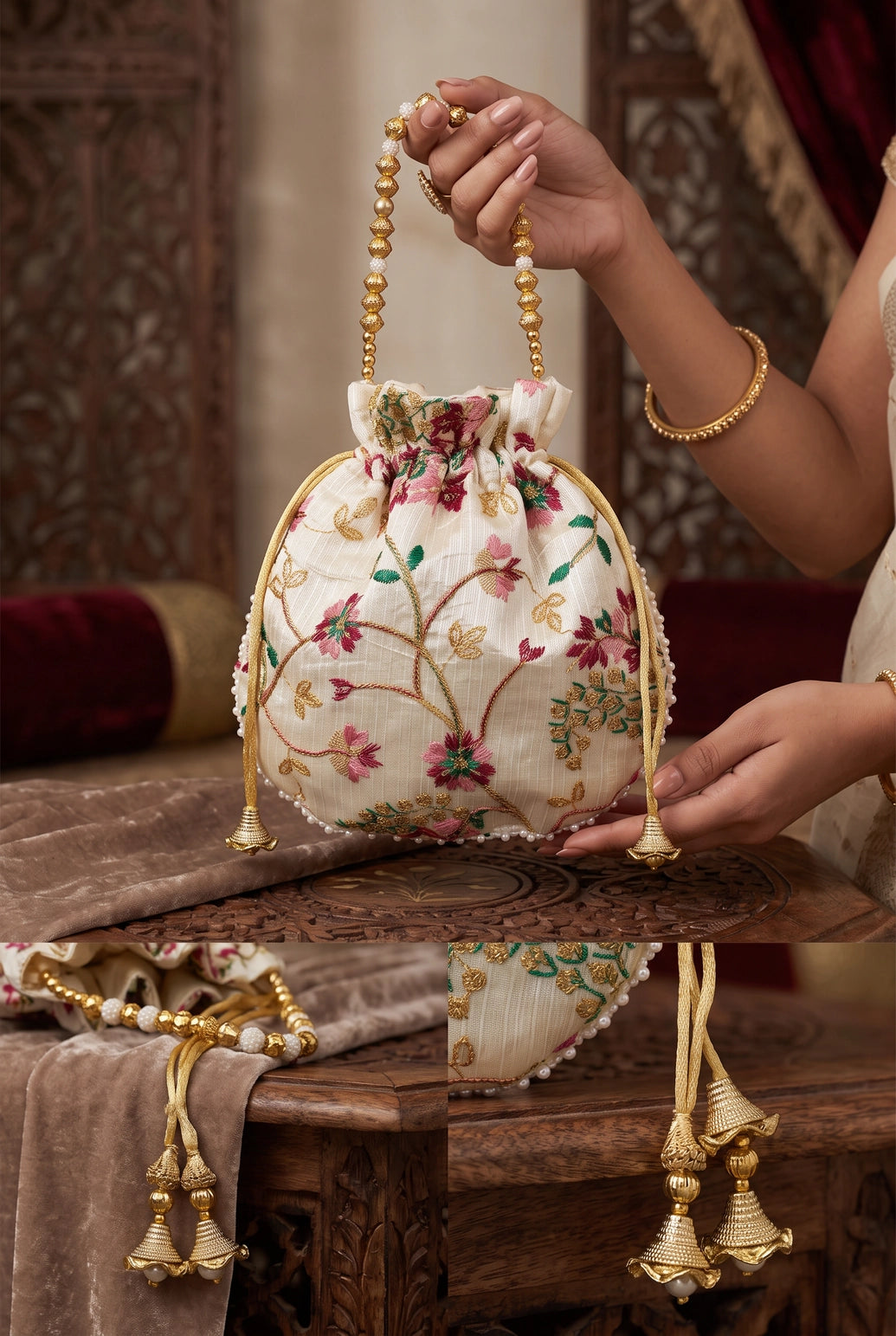 Cream Floral Embroidered Potli Pouch with Drawstring and Pearl Bead Trim for Wedding & Festive Gifting