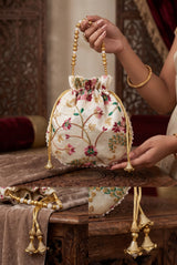 Cream Floral Embroidered Potli Pouch with Drawstring and Pearl Bead Trim for Wedding & Festive Gifting
