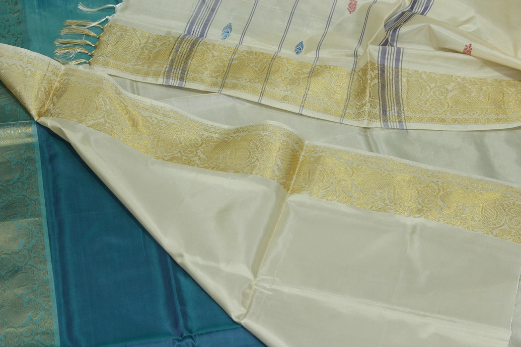 Peacock Blue & Cream Vaazhai Naar (Banana Pith) Saree with Zari Border and Butta