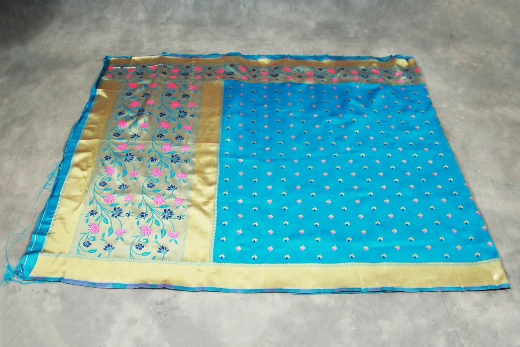 Blue Kamal Paithani Silk Saree with Floral Pallu & Design Border, Small Floral Butties, Blouse Included