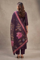 Purple Roman Silk 3-Piece Kurti Set with Elastic Pant and Zari-Sequence Organza Digital Dupatta