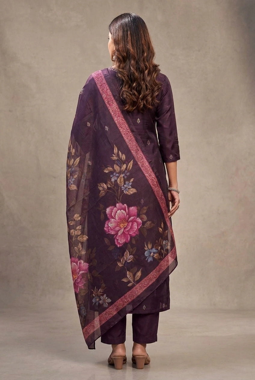 Purple Roman Silk 3-Piece Kurti Set with Elastic Pant and Zari-Sequence Organza Digital Dupatta