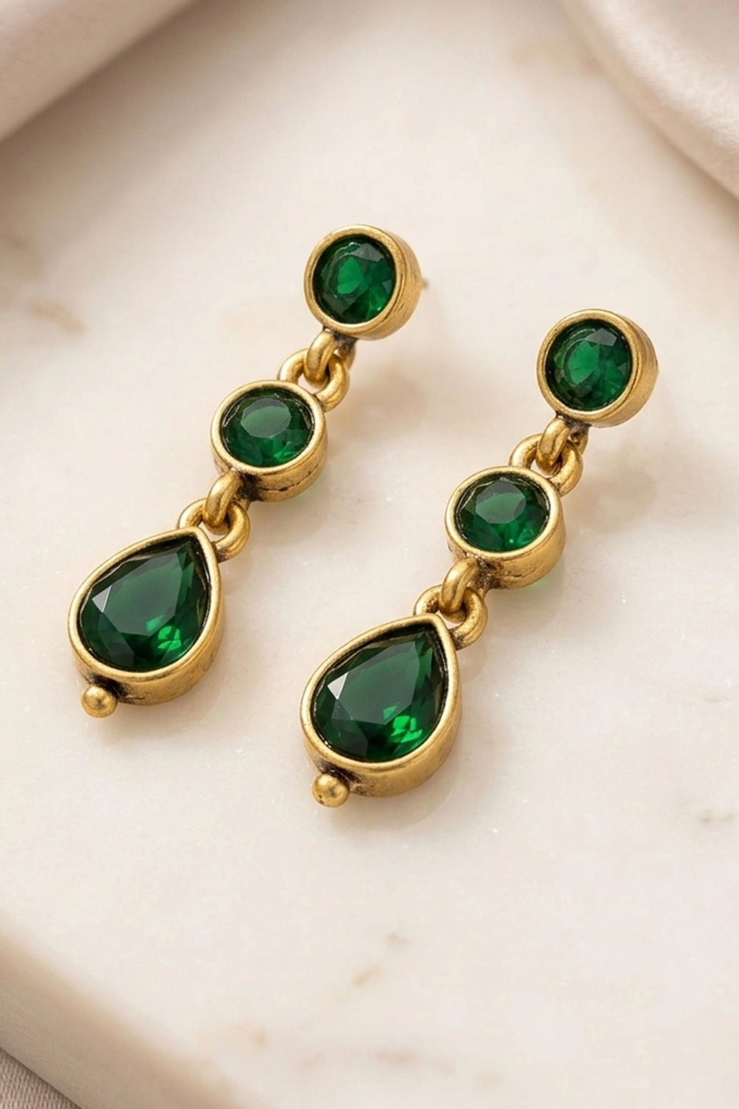 Green Oval Stone Gold-Tone Dangle Fashion Earrings for Women, 3-Layer Drop Design