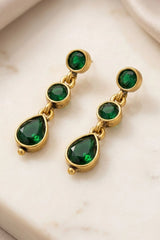 Green Oval Stone Gold-Tone Dangle Fashion Earrings for Women, 3-Layer Drop Design