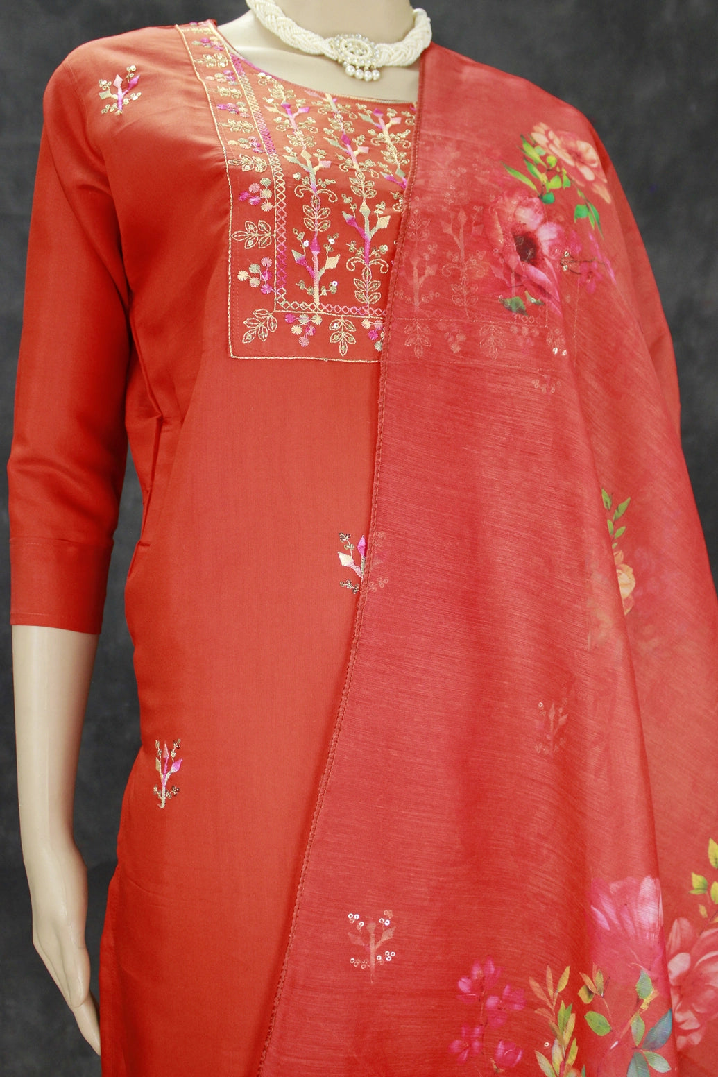 Roman Silk 3-Piece Salwar Kameez Set with Organza Digital Dupatta - Orange, Zari & Sequin Embroidered Neck