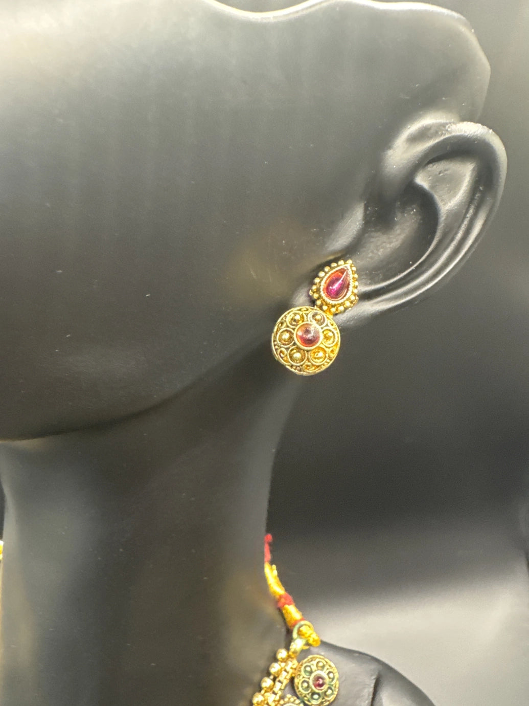 Traditional Gold-Tone Multicolor Necklace Set with Earrings - Green & Pink Jewelry JCS Fashions