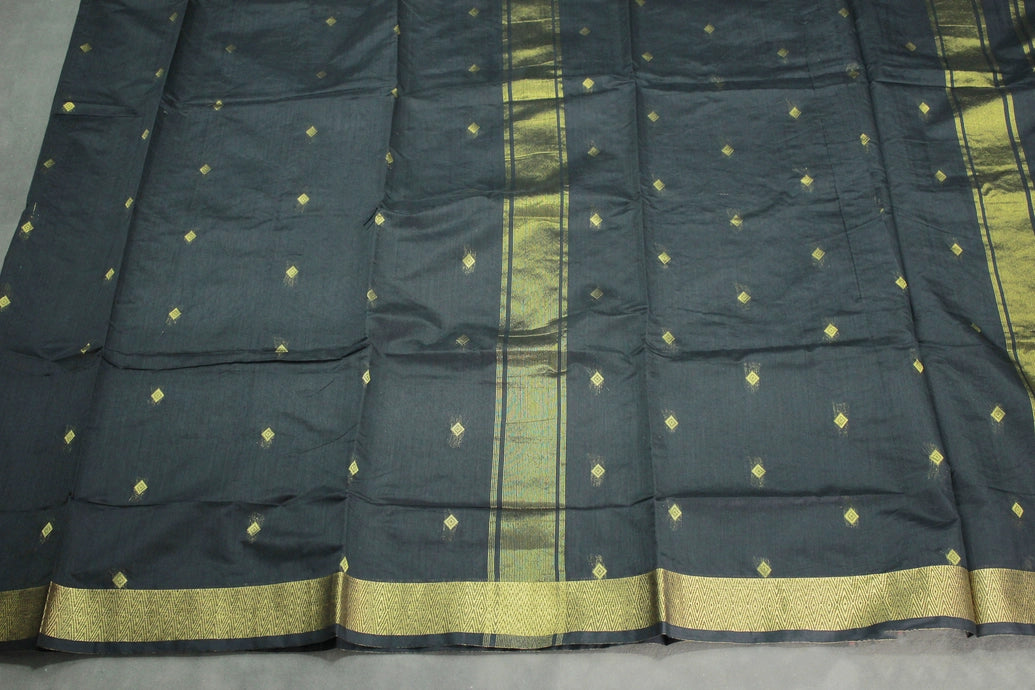 Black Silk Cotton Saree with Zari Border and All-Over Diamond Buti, Comes with Blouse
