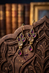 Purple Teardrop Stone Dangler Earrings with Gold-Tone Hook, Elegant Hanging Fashion Jewellery for Women