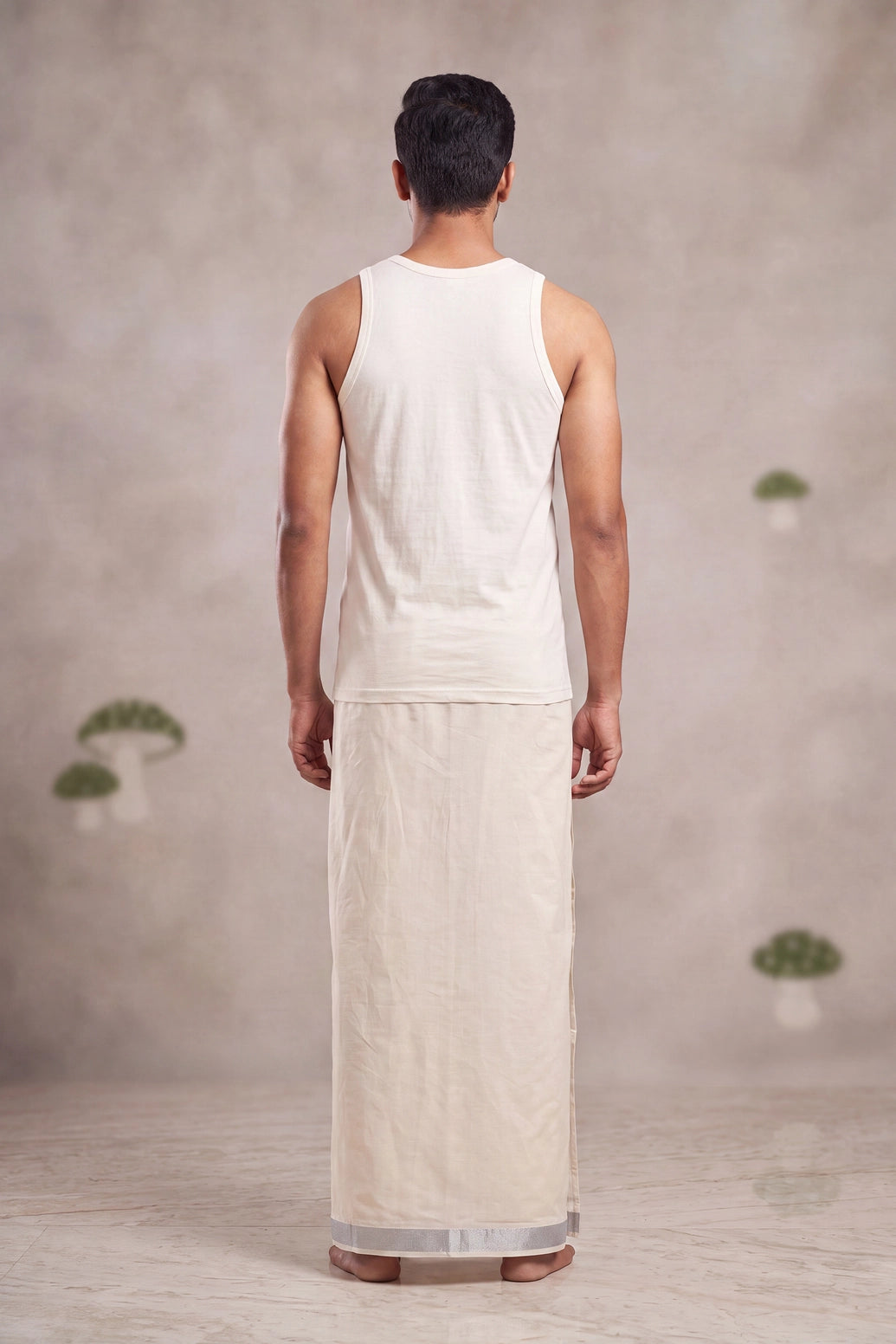 Men Off-White Cotton Dhoti with Silver Zari Border (2 Metre Single Veshti)